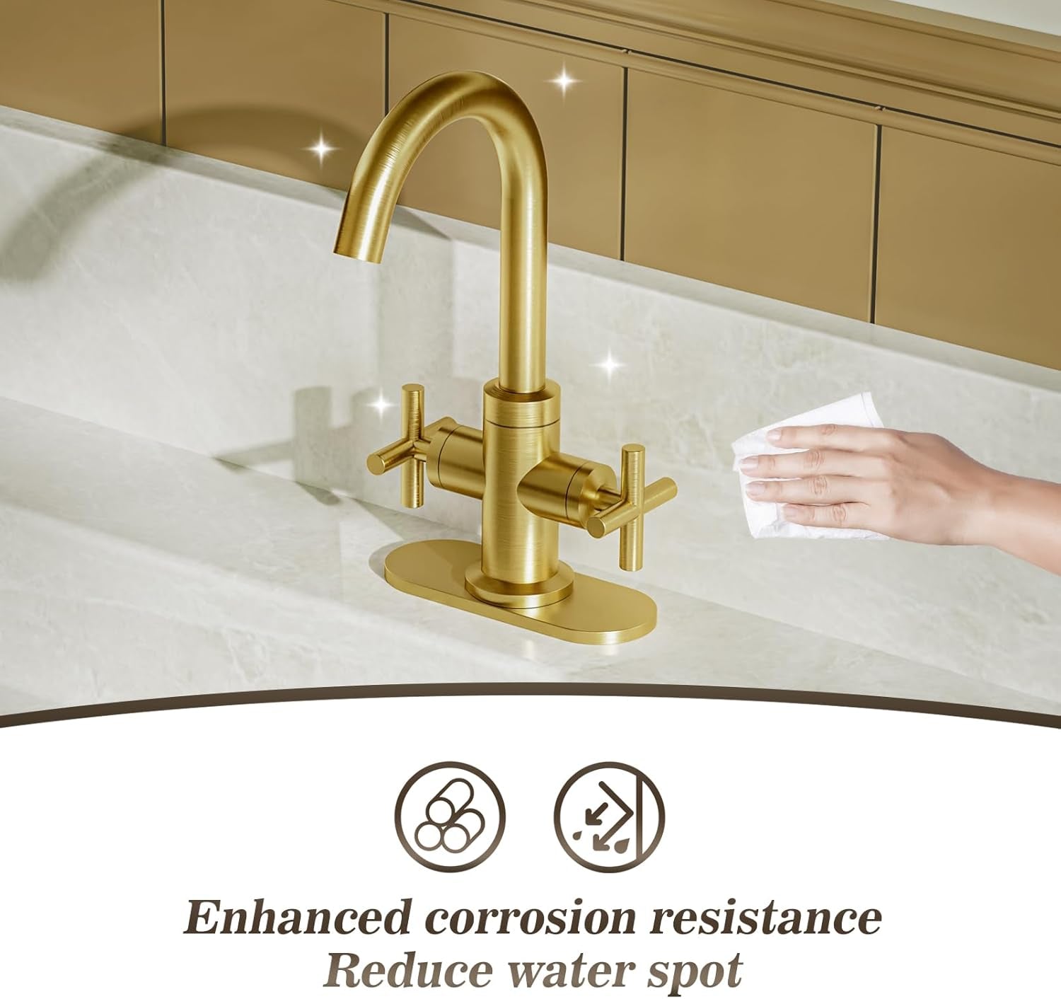 Brushed Gold Bathroom Sink Faucet, 4 Inch Single Hole or 3 Hole Centerset Vanity Faucet, with Swivel 360 Degree Spout, Pop up Drain and Water Supply Line, SGF0310-BG