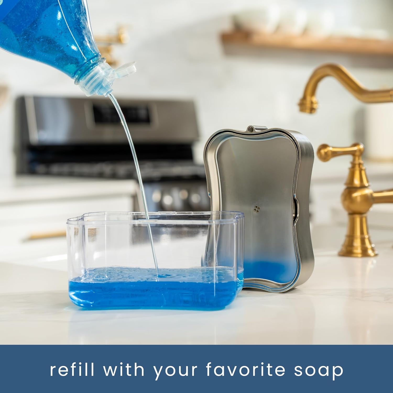 Dish Soap Dispenser and Sponge Holder for Kitchen Sink, Sponge Included, 13 Ounces, Metallic Silver