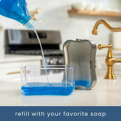 Dish Soap Dispenser and Sponge Holder for Kitchen Sink, Sponge Included, 13 Ounces, Metallic Silver