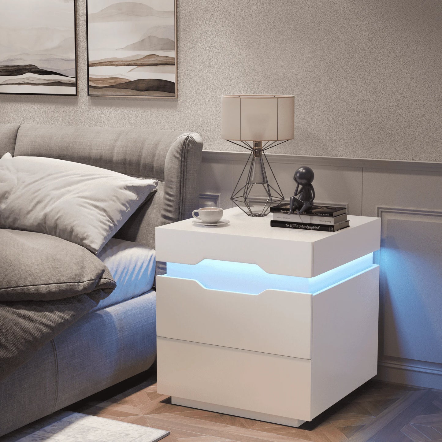 LED Nightstand 2 Drawers Bedside End Tale with Remote and Charging Ports, White