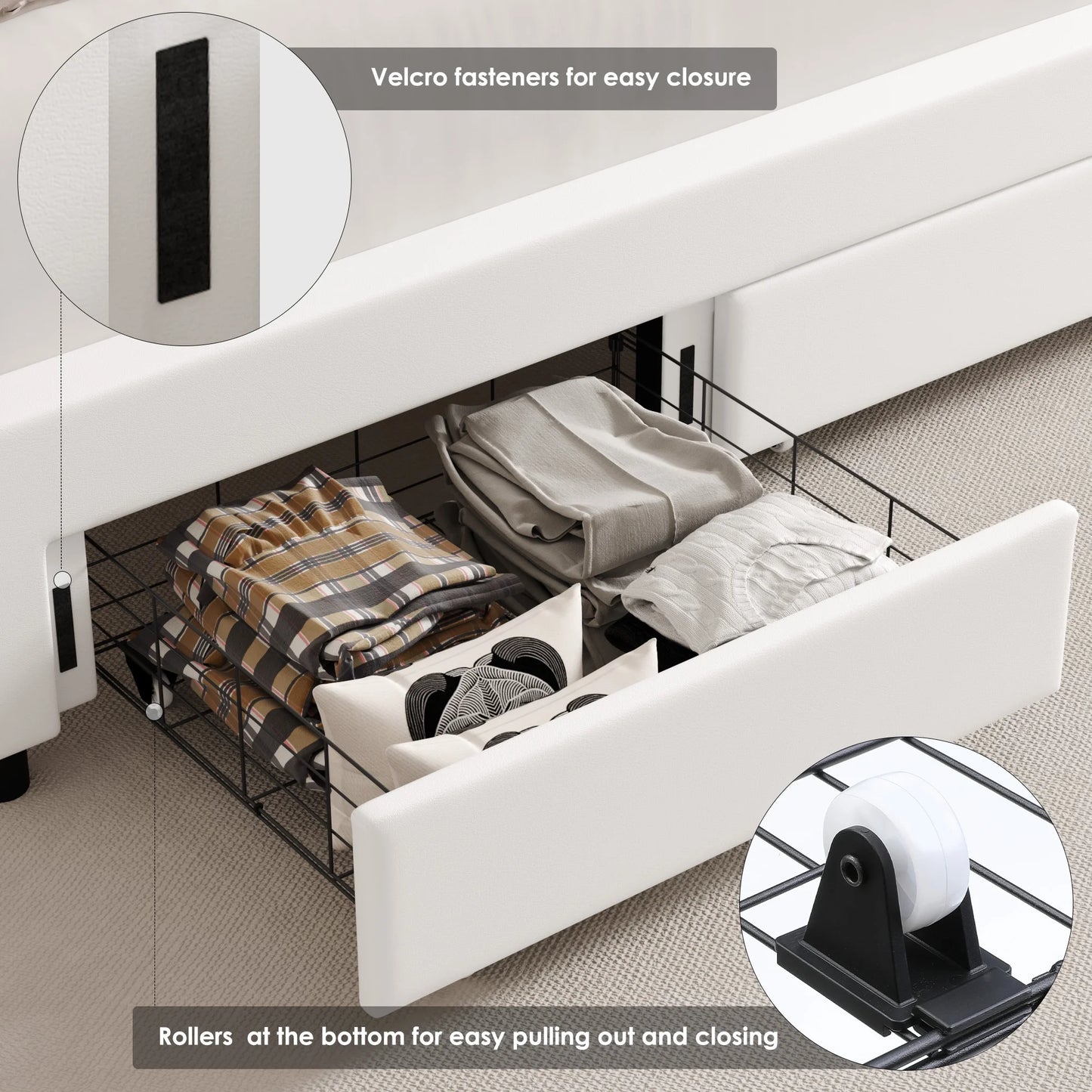 Queen Size Upholstered LED Bed with Adjustable Crystal Button Tufted Crown Headboard, Soft PU Storage Platform Bed with 2 Drawers, White