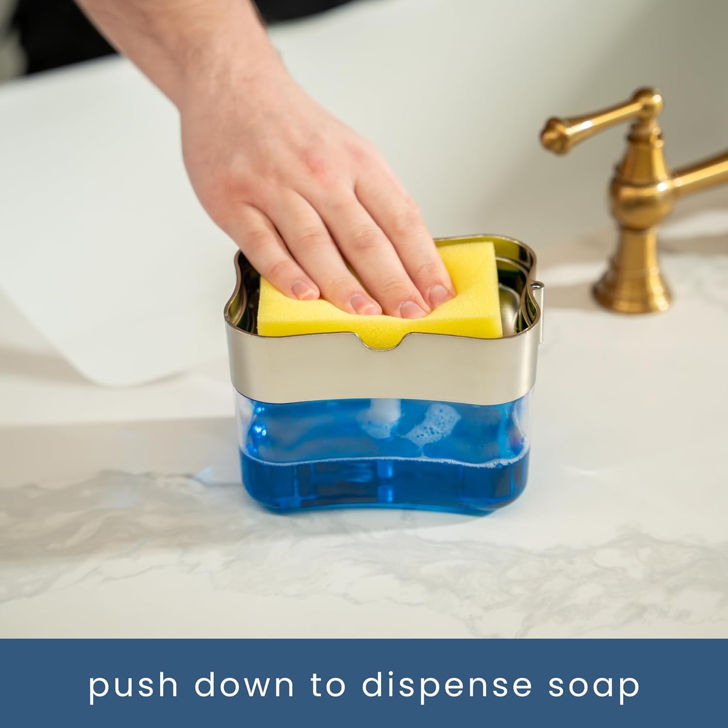 Dish Soap Dispenser and Sponge Holder for Kitchen Sink, Sponge Included, 13 Ounces, Metallic Silver