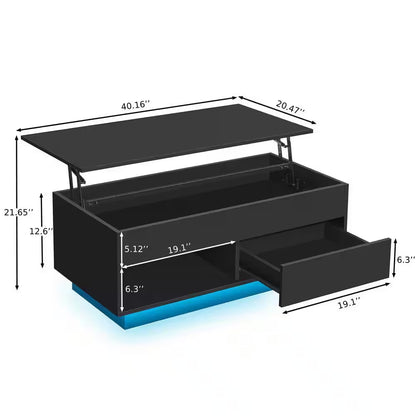 40.16 In. Black Rectangle Particle Board Lift Top Coffee Table with RGB LED Light and Hidden Compartment