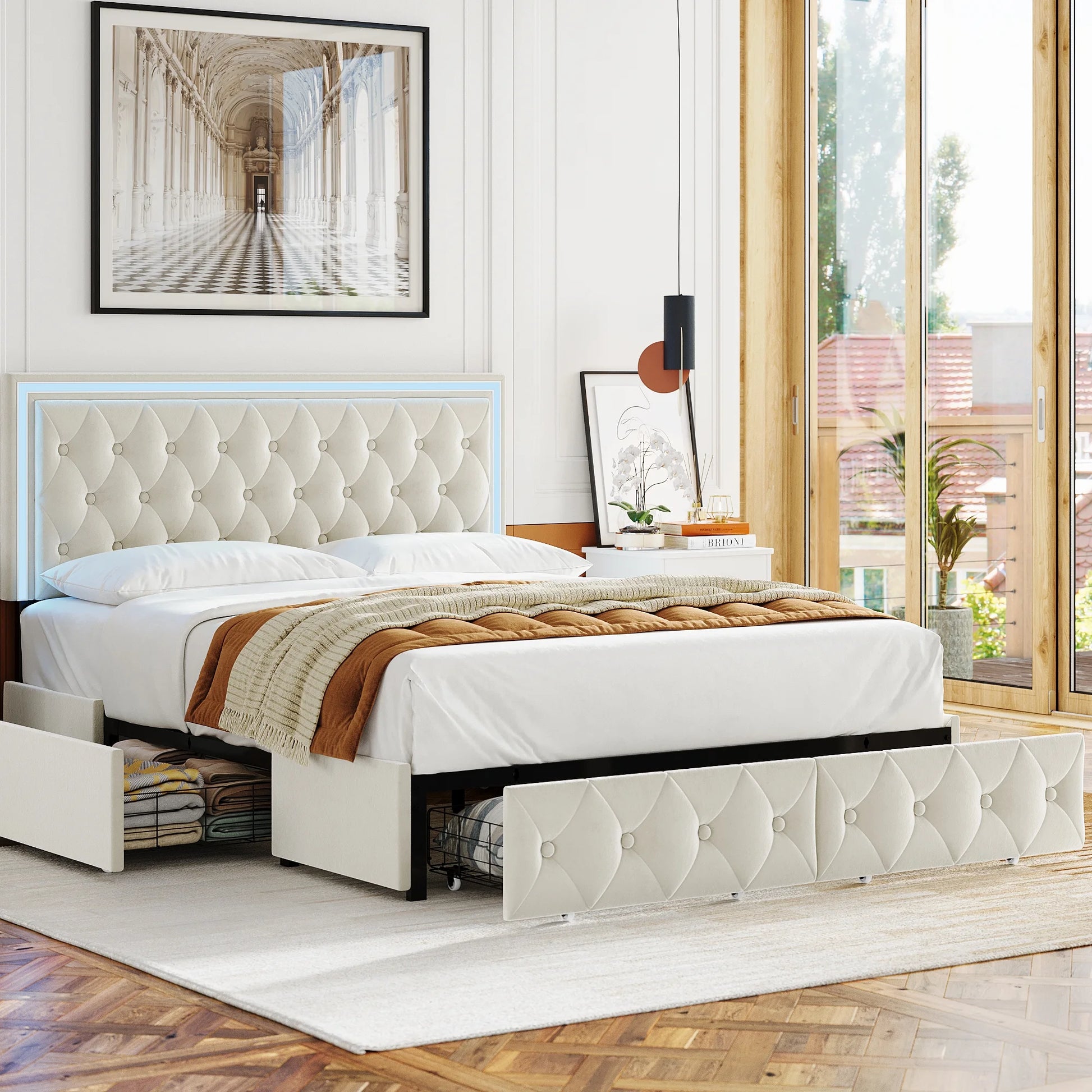 Queen LED Bed with 4 Drawers, LED Lights Platform Storage Bed Frame with Upholstered Adjustable Button Tufted Headboard, Velvet Beige