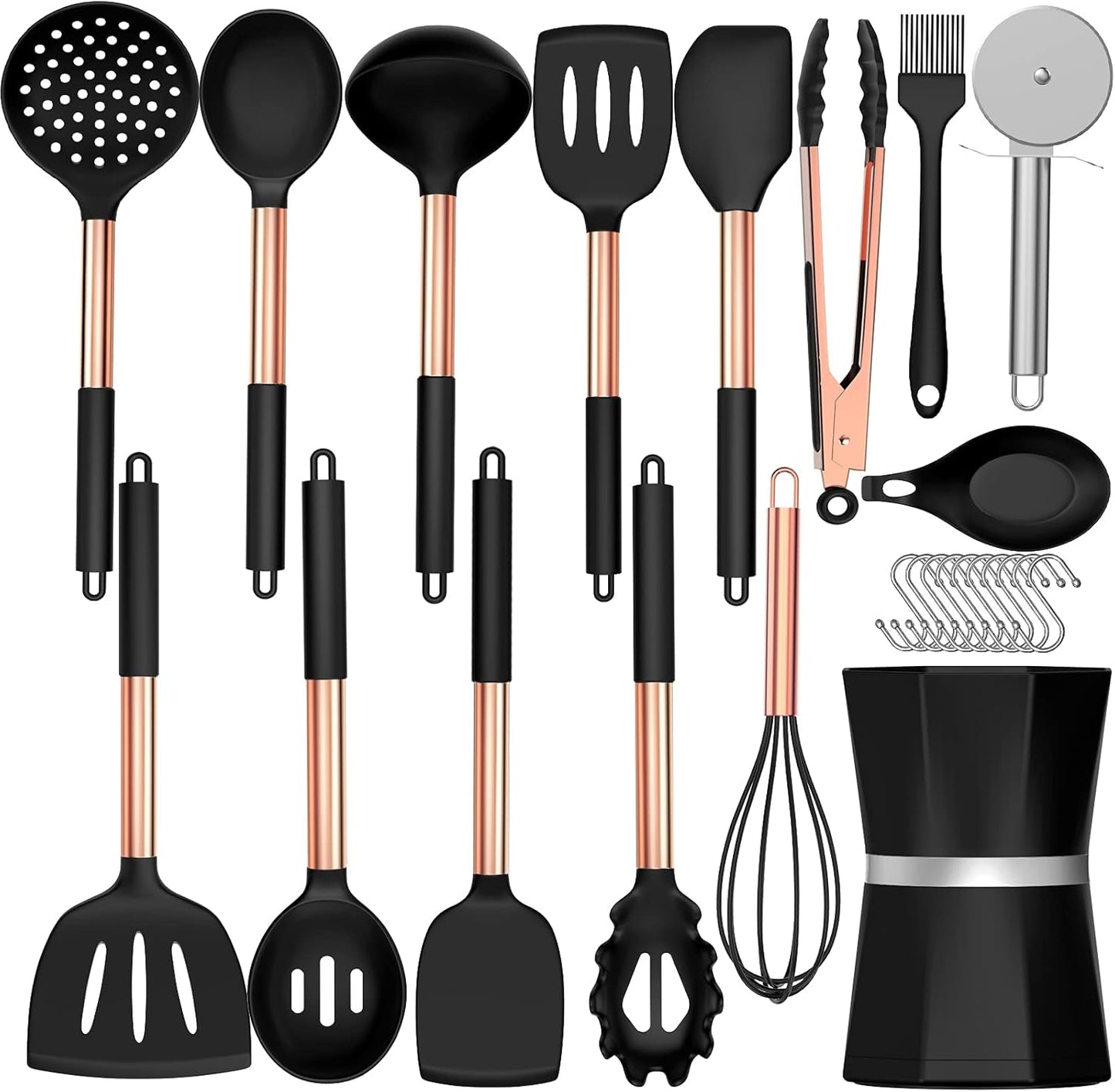 Silicone Cooking Utensil Set,  Kitchen Utensils with Copper Stainless Steel Handle, 26 Pcs Kitchen Spatula Set, Non-Stick Heat Resistant Silicone, Best Kitchen Gadget Tools Set - Black