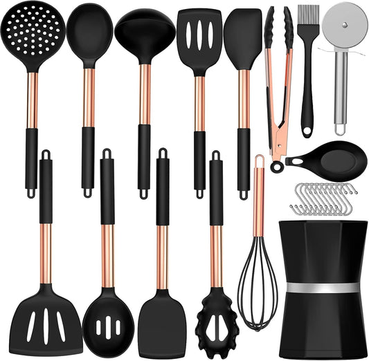 Silicone Cooking Utensil Set,  Kitchen Utensils with Copper Stainless Steel Handle, 26 Pcs Kitchen Spatula Set, Non-Stick Heat Resistant Silicone, Best Kitchen Gadget Tools Set - Black