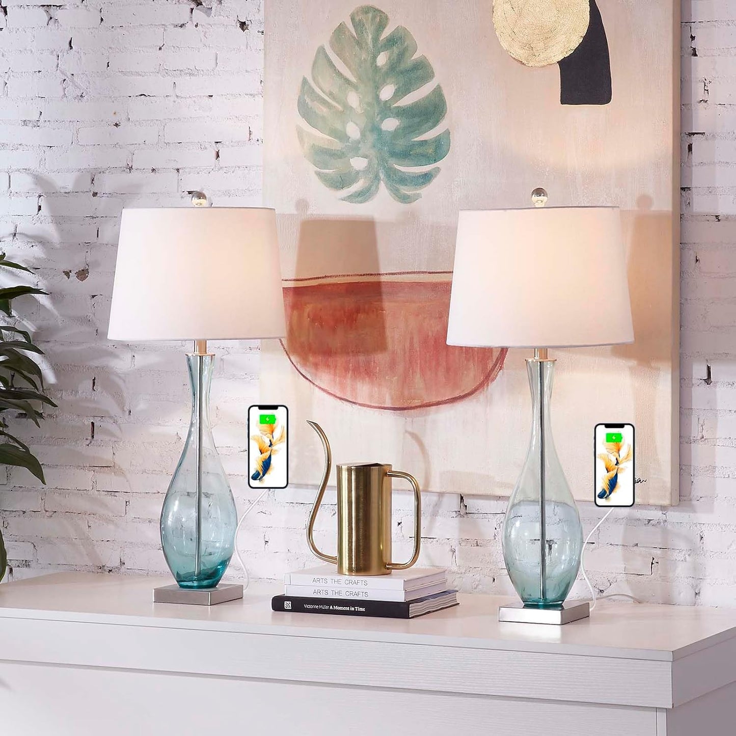 31" Coastal Glass Table Lamps Set of 2 for Living Room, Blue Bedside Lamp with USB Ports Modern Glass Bedroom Lamps with White Fabric Drum Shade for Nightstand