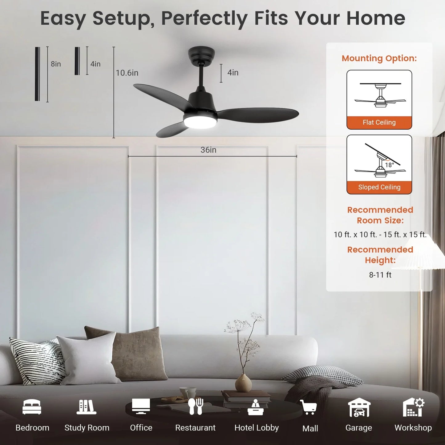 Ceiling Fans with Lights and Remote & App Control,36 Inch Modern Ceiling Fans,3 Reversible Blades Dimmable Noiseless, for Bedroom Kitchen Patio,Black