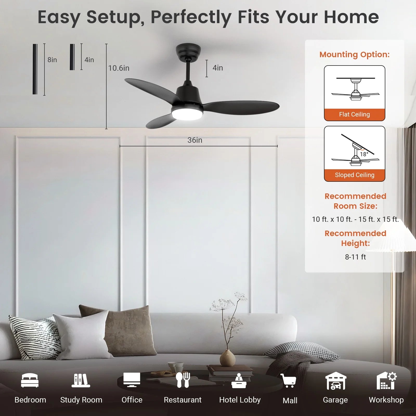 Ceiling Fans with Lights and Remote & App Control,36 Inch Modern Ceiling Fans,3 Reversible Blades Dimmable Noiseless, for Bedroom Kitchen Patio,Black