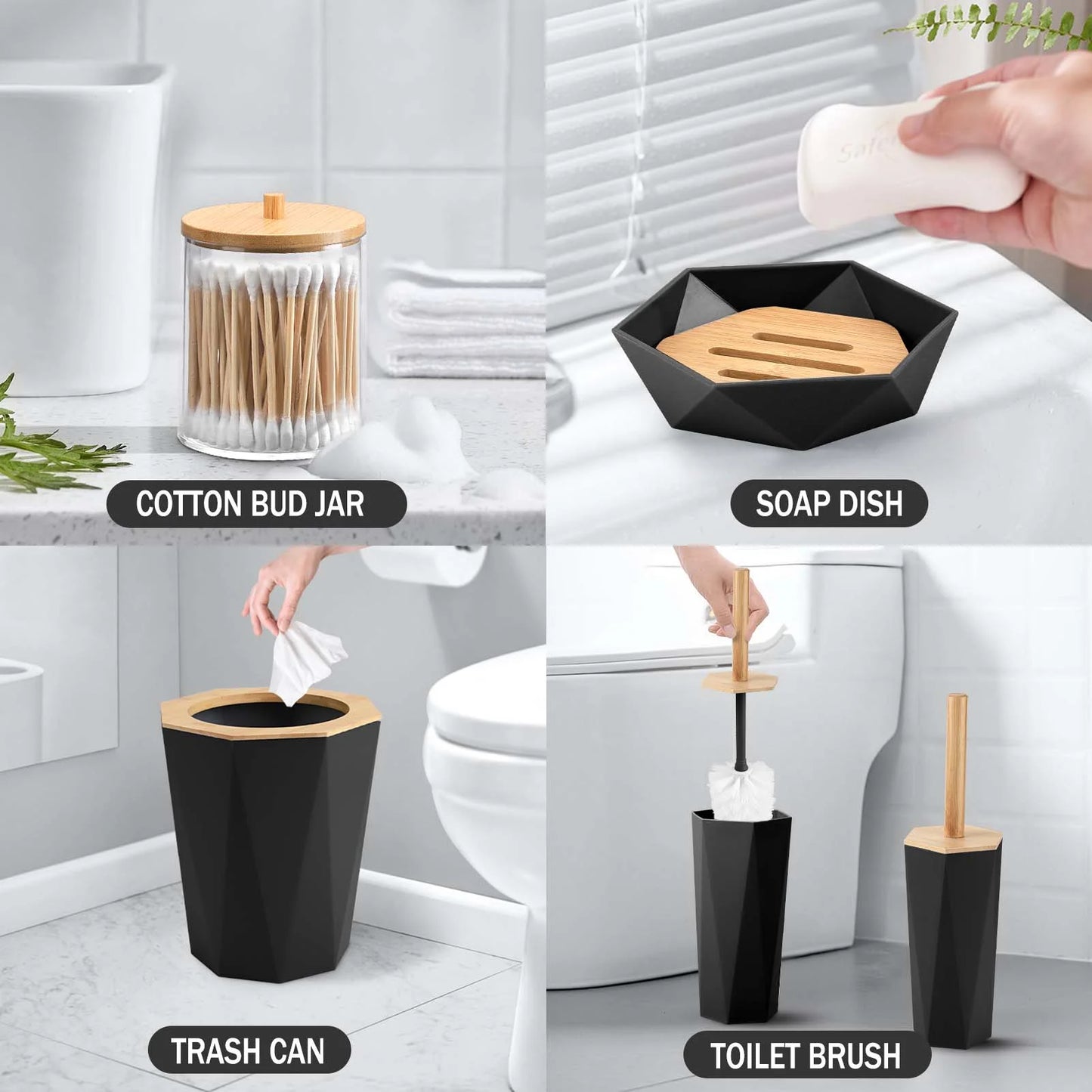 8Pcs Black Bathroom Accessories Set, Bamboo & Plastic, Ideal for Small Spaces