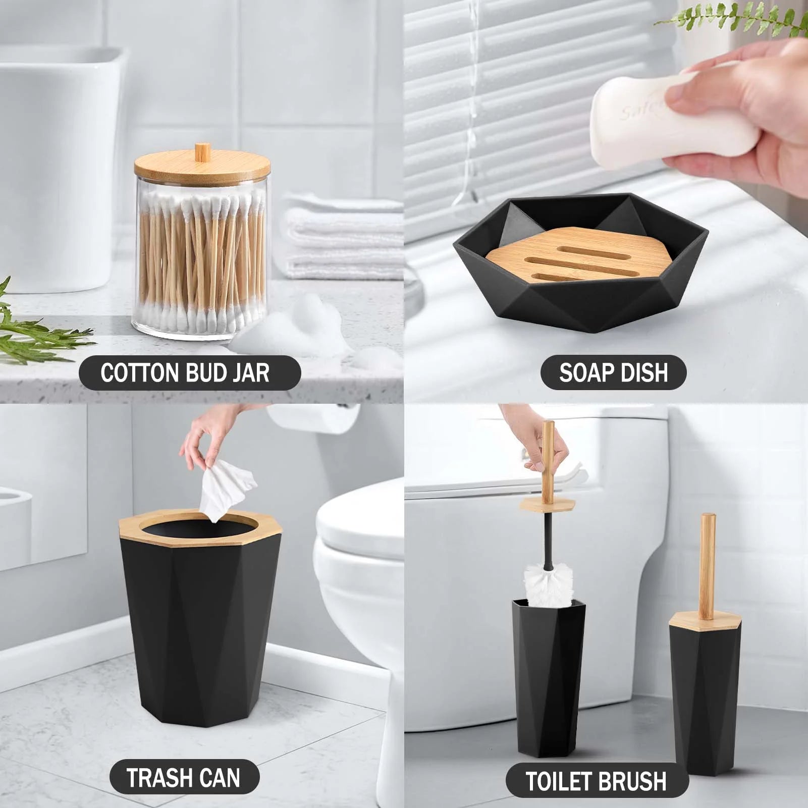 8Pcs Black Bathroom Accessories Set, Bamboo & Plastic, Ideal for Small Spaces