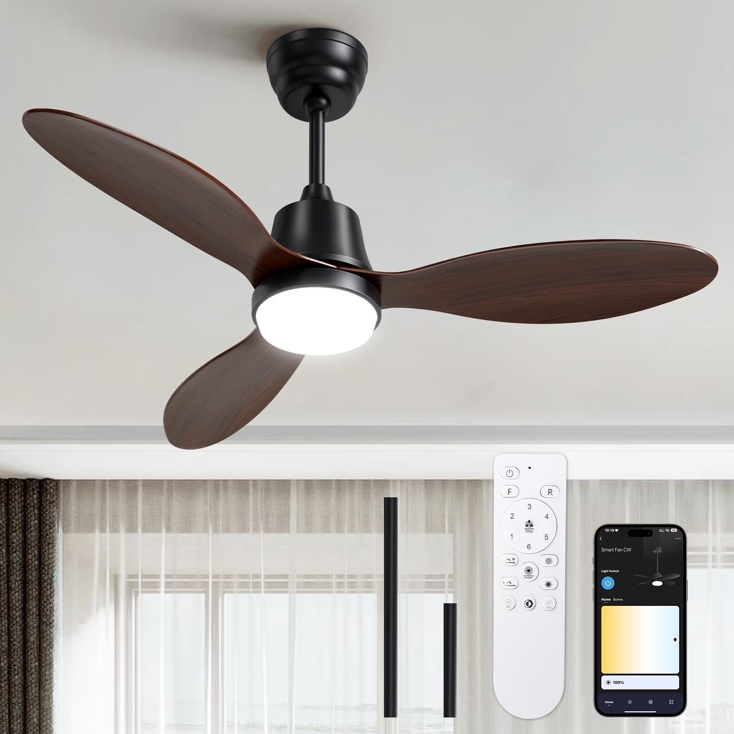 Ceiling Fans with Lights and Remote & App Control,36 Inch Modern Ceiling Fans,3 Reversible Blades Dimmable Noiseless, for Bedroom Kitchen Patio,Black