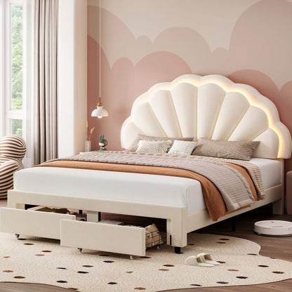 Modern Queen Bed Frame with 2 Drawers, LED Lights Platform Bed Frame with Upholstered Tufted Adjustable Headboard, Beige