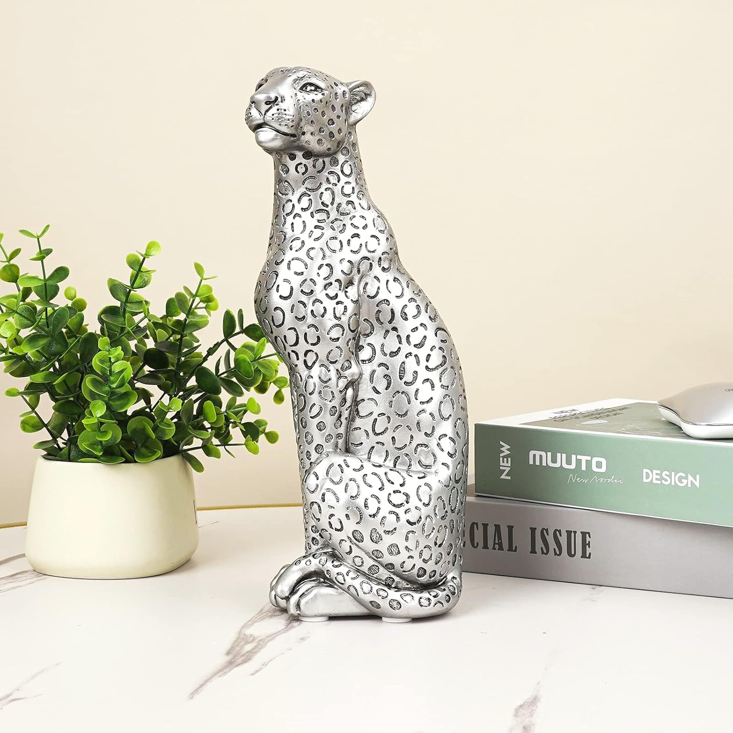 Silver Cheetah 11" H Statue, Cheetah Figurine Sitting Home Decor Realistic Antique Classical Leopard Resin Animal Ornament Statues Living Room Decor Ornament Figurine