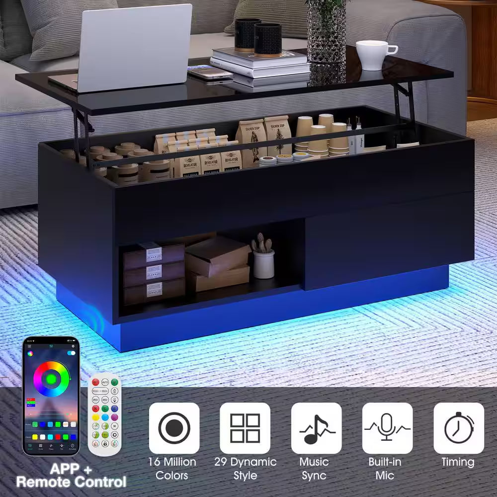 40.16 In. Black Rectangle Particle Board Lift Top Coffee Table with RGB LED Light and Hidden Compartment