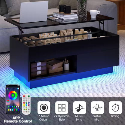 40.16 In. Black Rectangle Particle Board Lift Top Coffee Table with RGB LED Light and Hidden Compartment