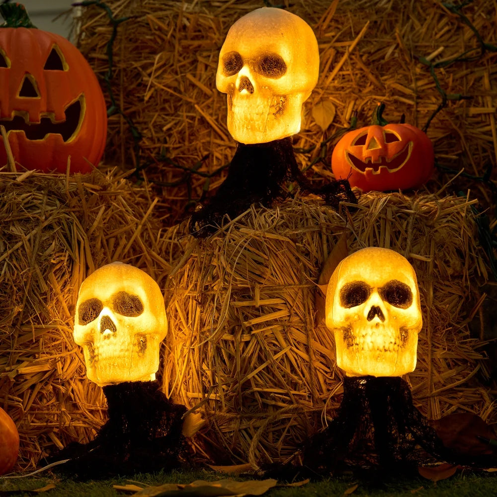 3 Pack Halloween Light up Skeleton Outdoor Decorations,Halloween Graveyard Spooky Skull Stakes Pathway Lights for Halloween Yard Decor