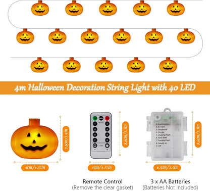 Halloween Lights, 20Ft 40 LED Orange Pumpkin String Lights, 8 Modes Pumpkin Lantern Halloween Decorations Indoor Outdoor