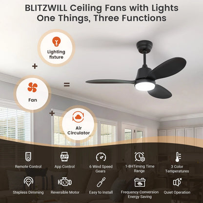 Ceiling Fans with Lights and Remote & App Control,36 Inch Modern Ceiling Fans,3 Reversible Blades Dimmable Noiseless, for Bedroom Kitchen Patio,Black