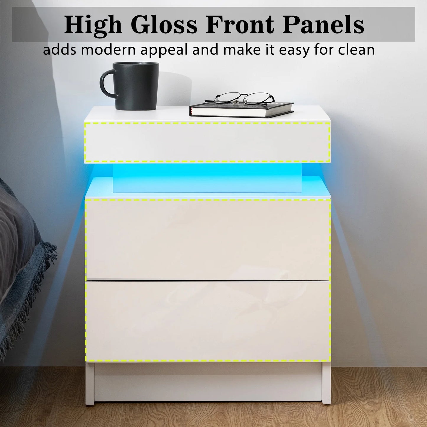 Modern LED Nightstand with 2 Drawers High Gloss Led Light Bedside Table Storage White Night Table with Lights End Side Table with Drawer for Bedroom 20.5" Tall