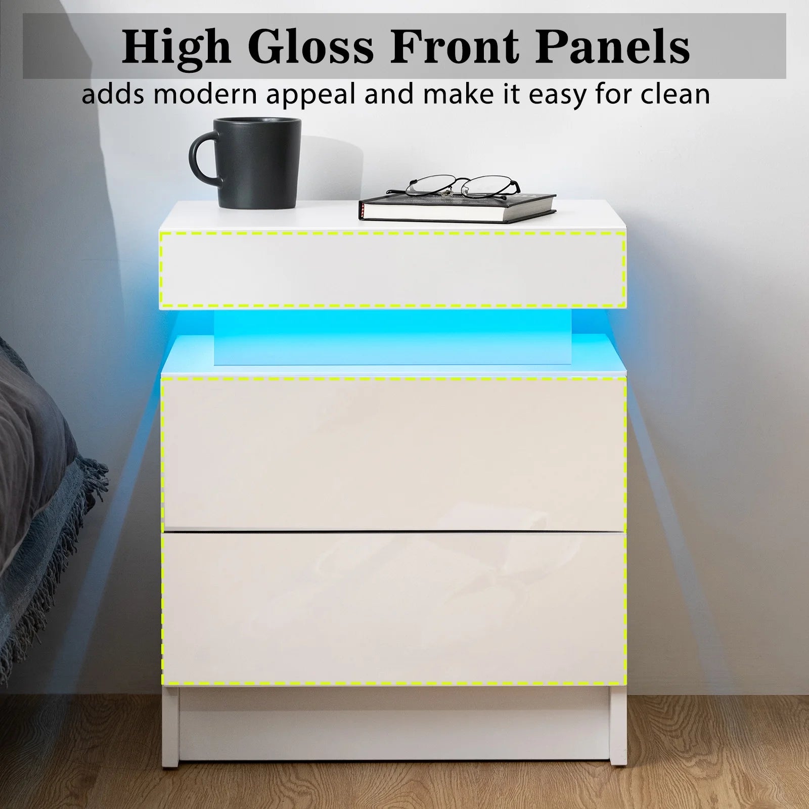 Modern LED Nightstand with 2 Drawers High Gloss Led Light Bedside Table Storage White Night Table with Lights End Side Table with Drawer for Bedroom 20.5" Tall