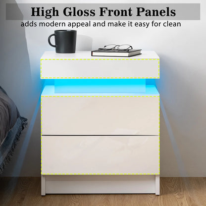 Modern LED Nightstand with 2 Drawers High Gloss Led Light Bedside Table Storage White Night Table with Lights End Side Table with Drawer for Bedroom 20.5" Tall
