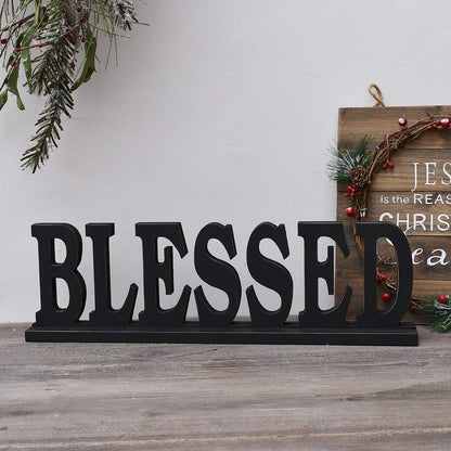Blessed Family Wooden Free Standing Sign - Home Decor Wood Letter Cut Out Tabletop Fireplace Mantel Centerpiece