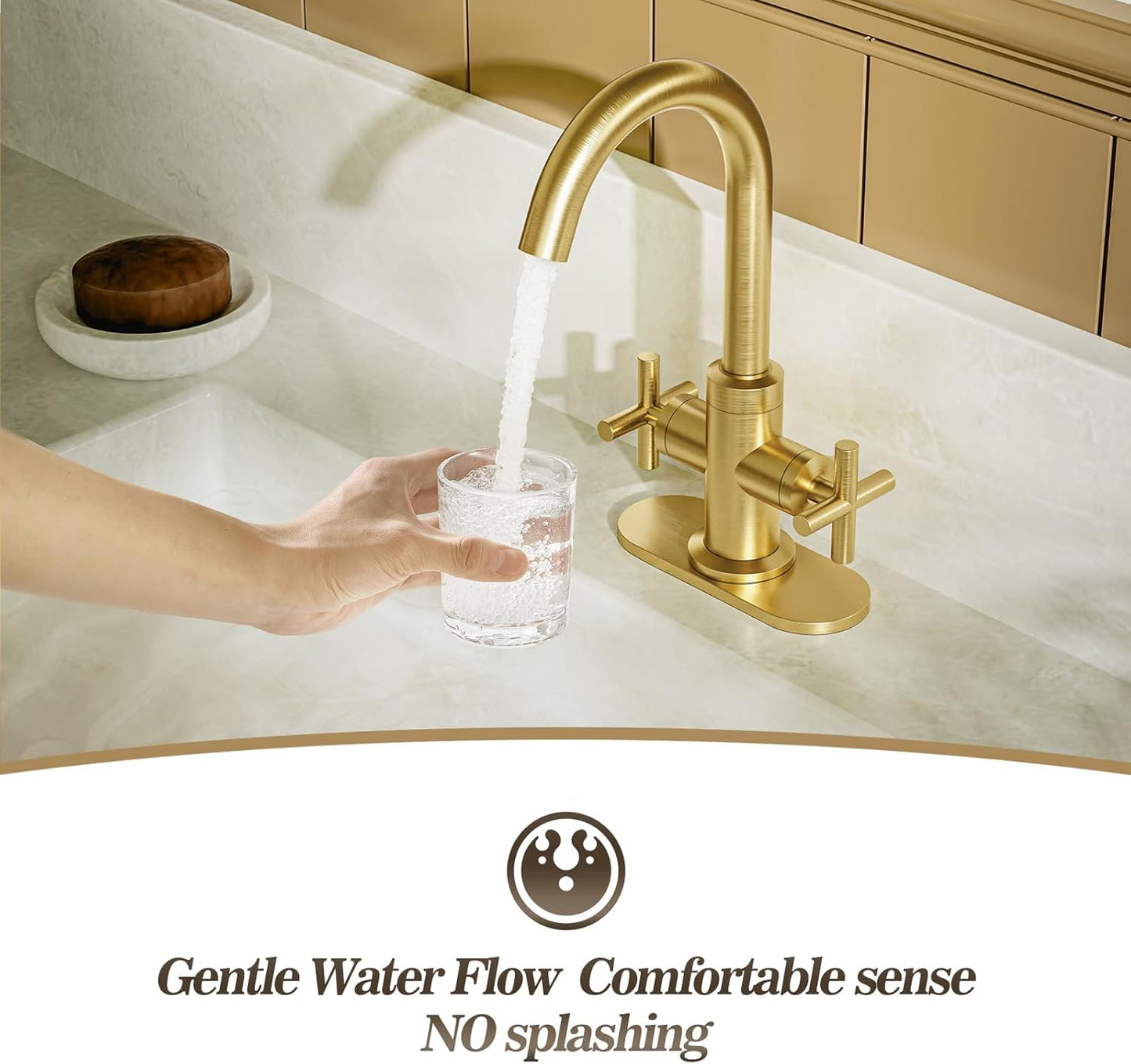Brushed Gold Bathroom Sink Faucet, 4 Inch Single Hole or 3 Hole Centerset Vanity Faucet, with Swivel 360 Degree Spout, Pop up Drain and Water Supply Line, SGF0310-BG