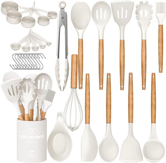 Kitchen Cooking Utensils Set, 33 Pcs Non-Stick Silicone Cooking Kitchen Utensils Spatula Set with Holder, Wooden Handle Silicone Kitchen Gadgets Utensil Set (Cream White)