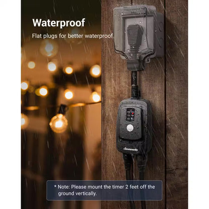 Outdoor Light Countdown Timer Waterproof with 2-Grounded Outlets for Outdoor Lighting-Black
