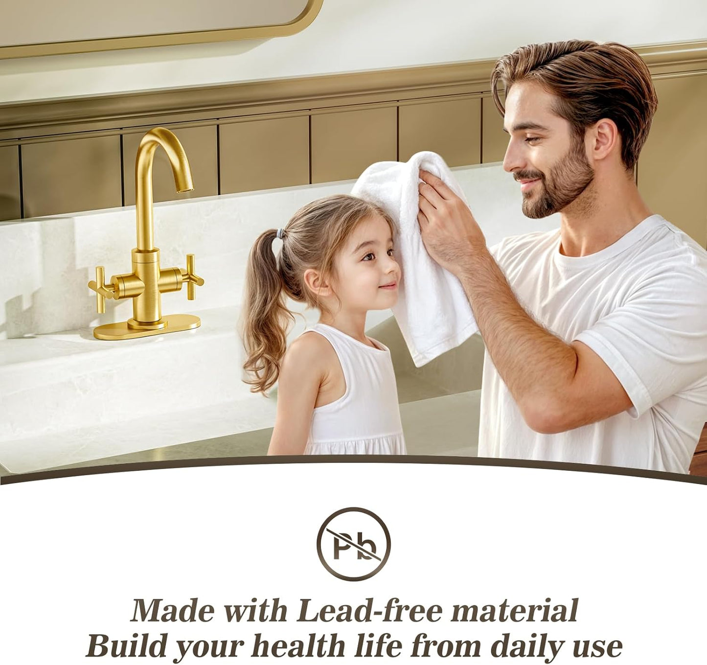 Brushed Gold Bathroom Sink Faucet, 4 Inch Single Hole or 3 Hole Centerset Vanity Faucet, with Swivel 360 Degree Spout, Pop up Drain and Water Supply Line, SGF0310-BG