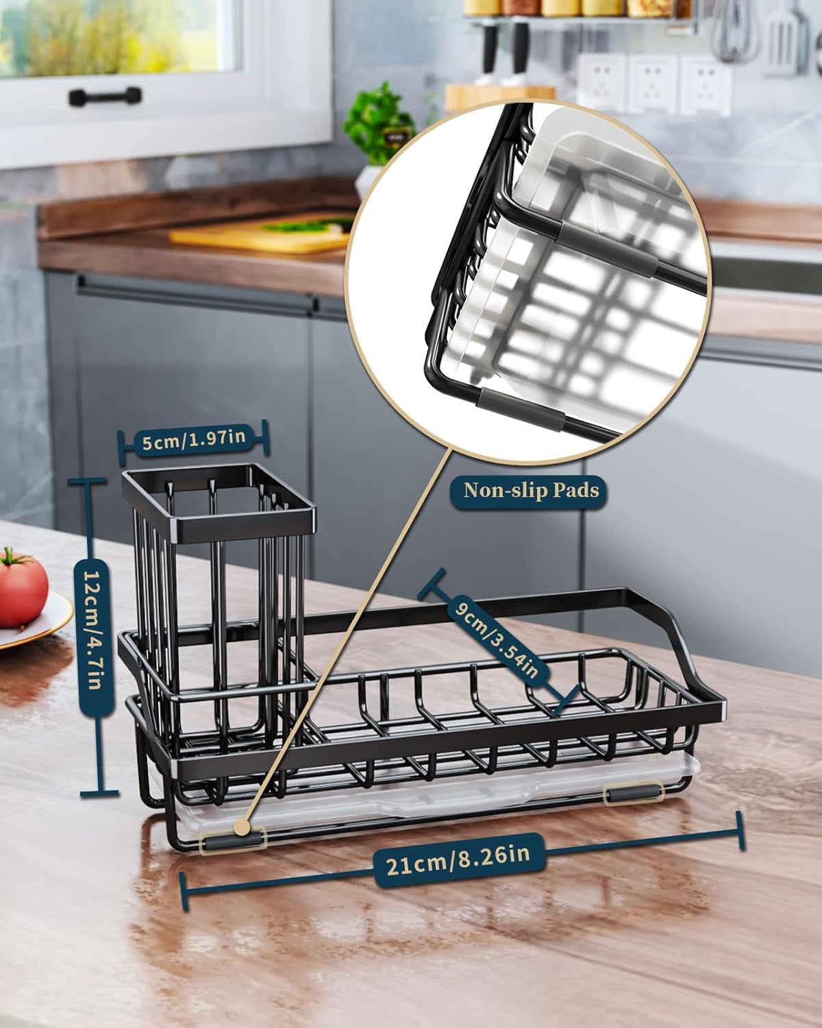 Sponge Holder for Kitchen Sink – Black Stainless Steel Caddy Organizer with Removable Drip Tray for Sponges, Brushes & Soap