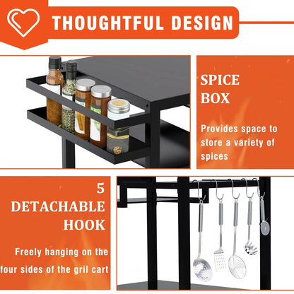 Movable Grill Table, Double-Shelf Outdoor BBQ Grill Cart, Rolling Kitchen Dining Cart, Black