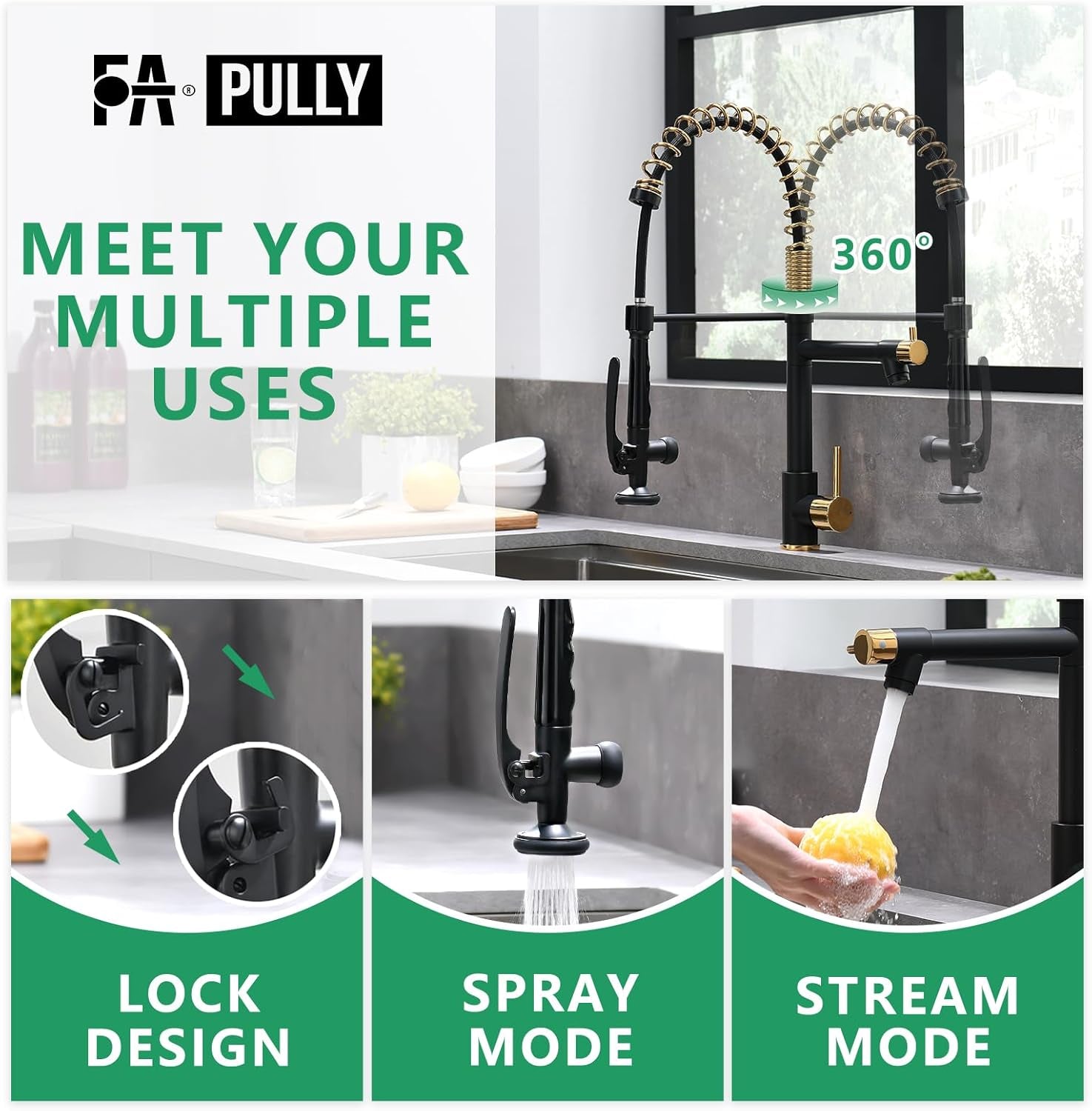 Black&Gold Kitchen Faucet with Sprayer,Commercial Pull down Kitchen Faucet for Kitchen Sink