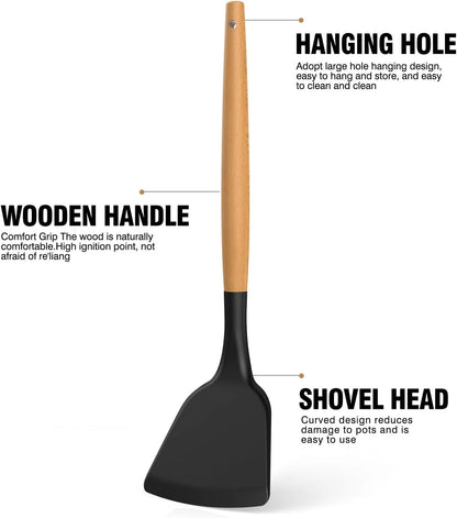 Silicone Cooking Utensils Set - Silicone Kitchen Utensils for Cooking Wooden Handles, 446°F Heat Resistant Kitchen Utensil Spatula Sets W Holder, Gadgets for Non-Stick Cookware BPA FREE (Black)