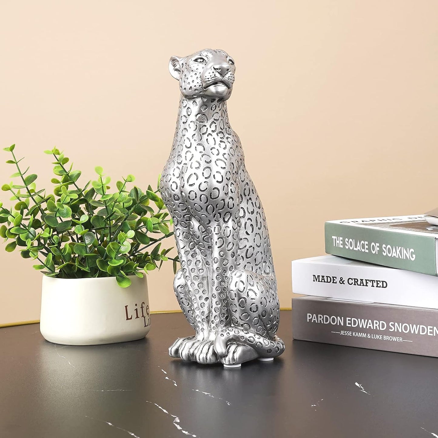 Silver Cheetah 11" H Statue, Cheetah Figurine Sitting Home Decor Realistic Antique Classical Leopard Resin Animal Ornament Statues Living Room Decor Ornament Figurine