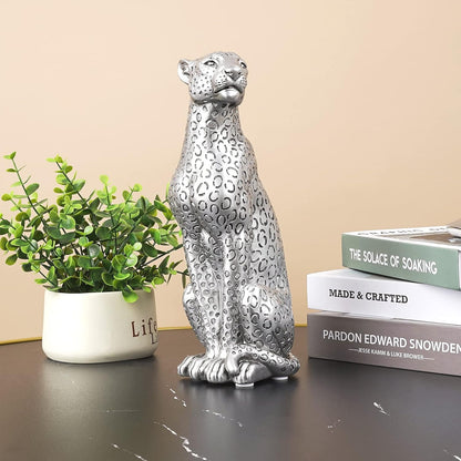 Silver Cheetah 11" H Statue, Cheetah Figurine Sitting Home Decor Realistic Antique Classical Leopard Resin Animal Ornament Statues Living Room Decor Ornament Figurine