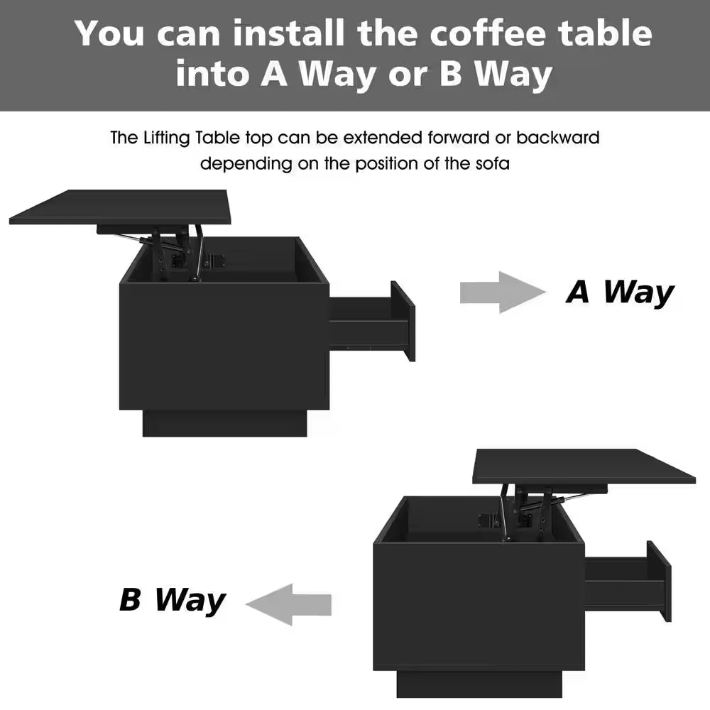 40.16 In. Black Rectangle Particle Board Lift Top Coffee Table with RGB LED Light and Hidden Compartment