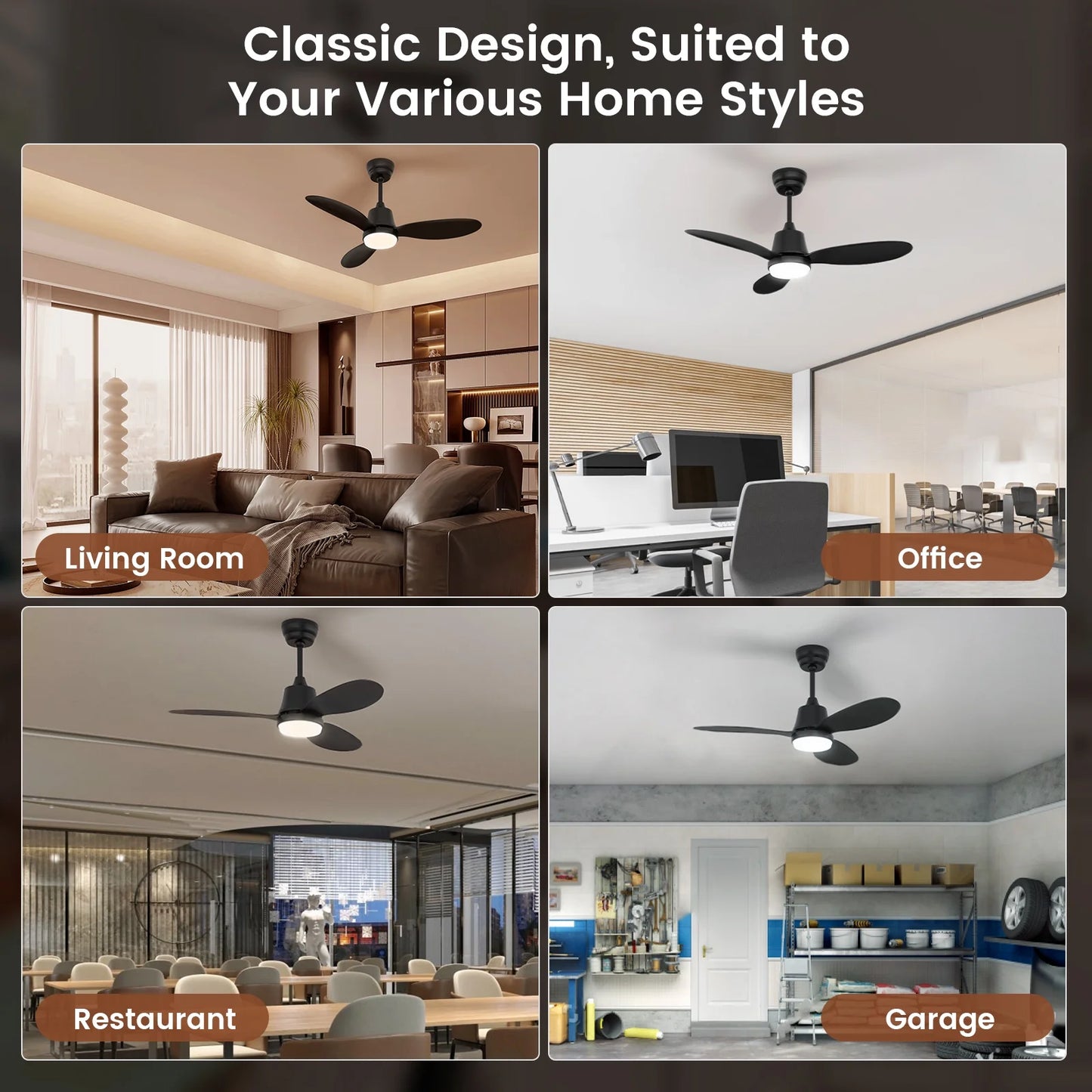 Ceiling Fans with Lights and Remote & App Control,36 Inch Modern Ceiling Fans,3 Reversible Blades Dimmable Noiseless, for Bedroom Kitchen Patio,Black