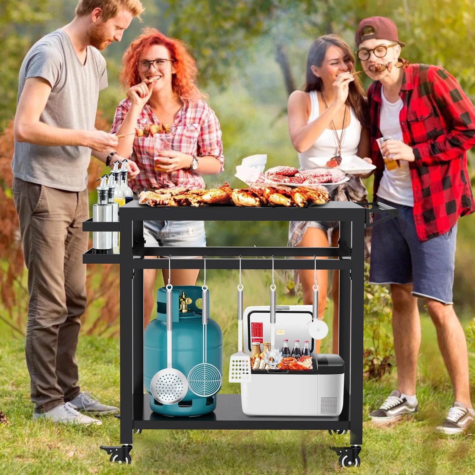 Movable Grill Table, Double-Shelf Outdoor BBQ Grill Cart, Rolling Kitchen Dining Cart, Black
