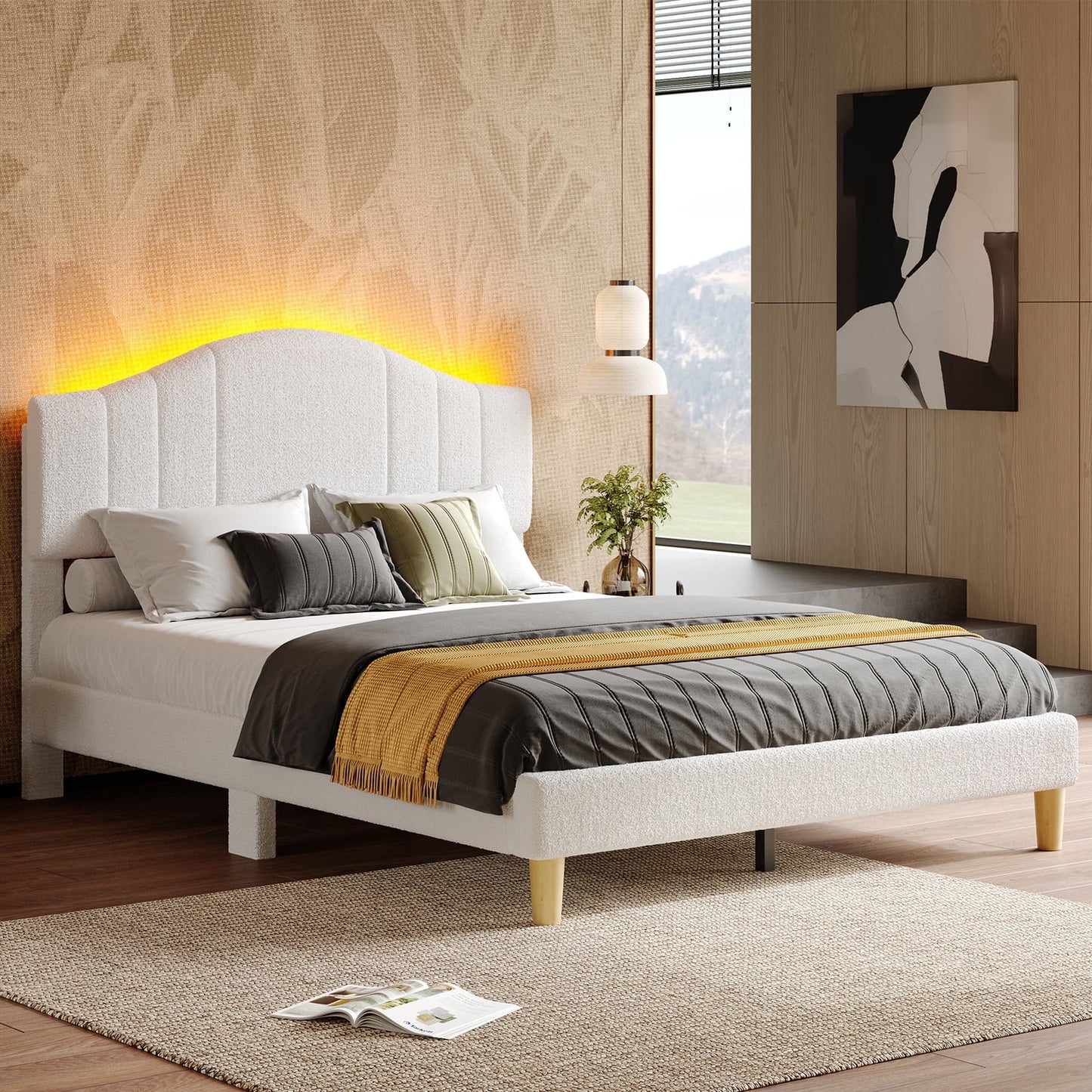 Queen Upholstered Bed Frame with Adjustable Arc-Shaped Headboard, LED Platform Bed, Teddy Velvet White
