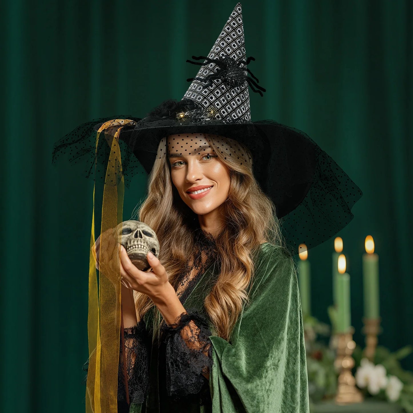 Halloween Witch Hats for Women with Lamp Cosplay Party Halloween Costume Accessory Black