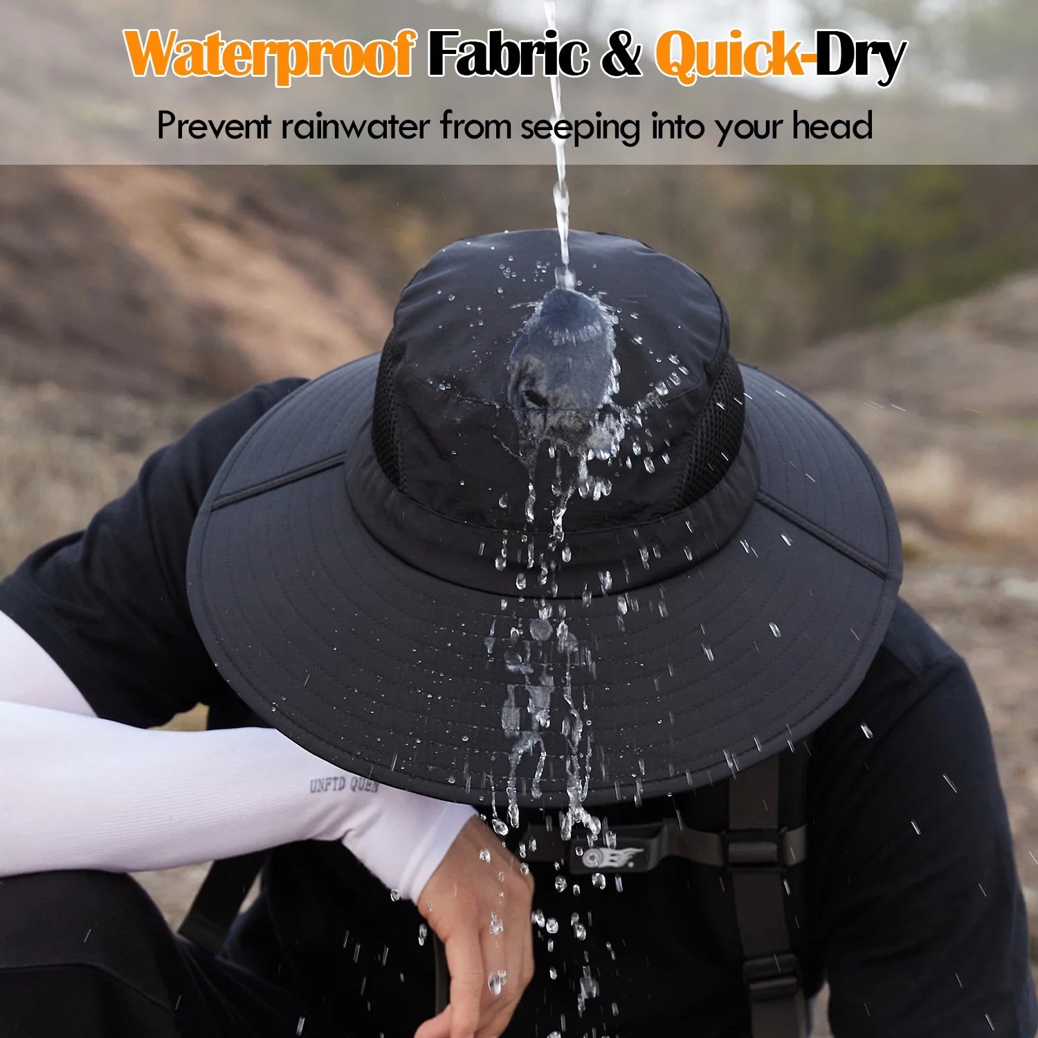 Waterproof Sun UPF 50+ Bucket Hat for Men Women,  UV Protection Packable Brimmed Boonie for Fishing Hiking Outdoor Cap - Black