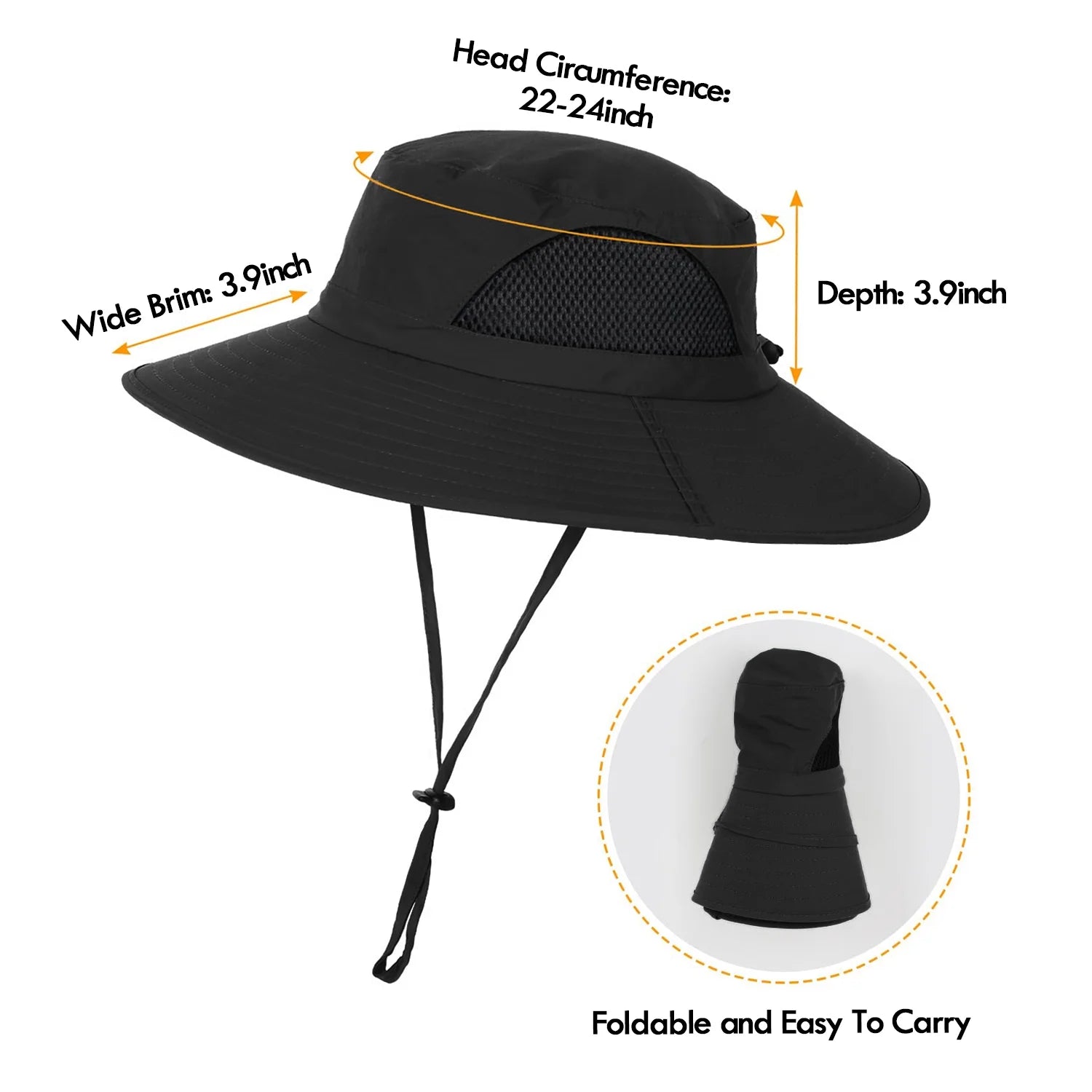 Waterproof Sun UPF 50+ Bucket Hat for Men Women,  UV Protection Packable Brimmed Boonie for Fishing Hiking Outdoor Cap - Black