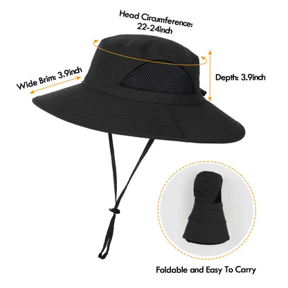 Waterproof Sun UPF 50+ Bucket Hat for Men Women,  UV Protection Packable Brimmed Boonie for Fishing Hiking Outdoor Cap - Black