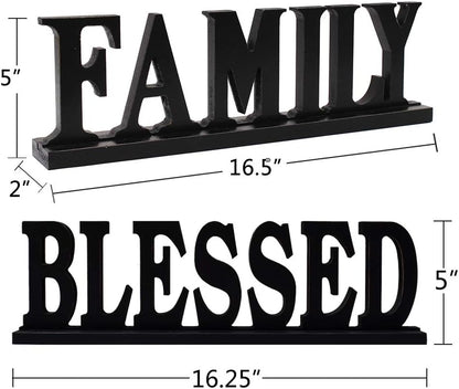 Blessed Family Wooden Free Standing Sign - Home Decor Wood Letter Cut Out Tabletop Fireplace Mantel Centerpiece
