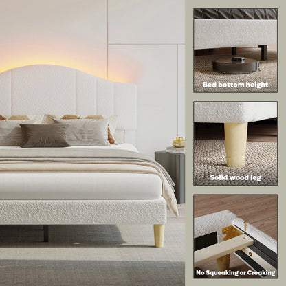 Queen Upholstered Bed Frame with Adjustable Arc-Shaped Headboard, LED Platform Bed, Teddy Velvet White