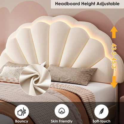 Modern Queen Bed Frame with 2 Drawers, LED Lights Platform Bed Frame with Upholstered Tufted Adjustable Headboard, Beige