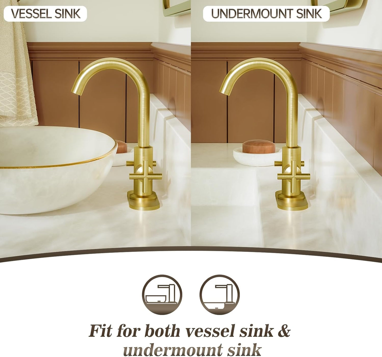 Brushed Gold Bathroom Sink Faucet, 4 Inch Single Hole or 3 Hole Centerset Vanity Faucet, with Swivel 360 Degree Spout, Pop up Drain and Water Supply Line, SGF0310-BG