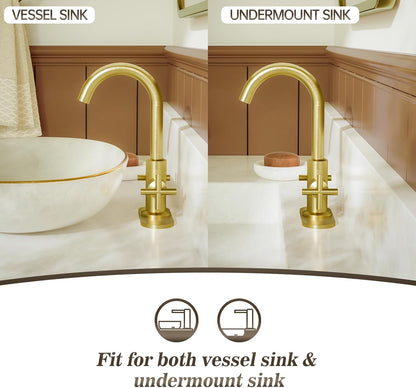 Brushed Gold Bathroom Sink Faucet, 4 Inch Single Hole or 3 Hole Centerset Vanity Faucet, with Swivel 360 Degree Spout, Pop up Drain and Water Supply Line, SGF0310-BG